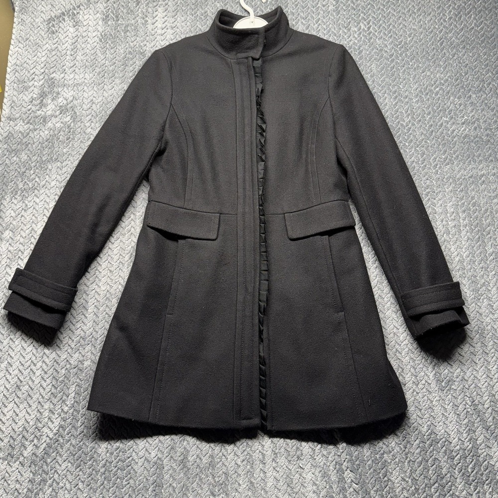 Banana Republic‎ Wool Coat Women's Small Black Italian Fabric Blend Ruffle Front